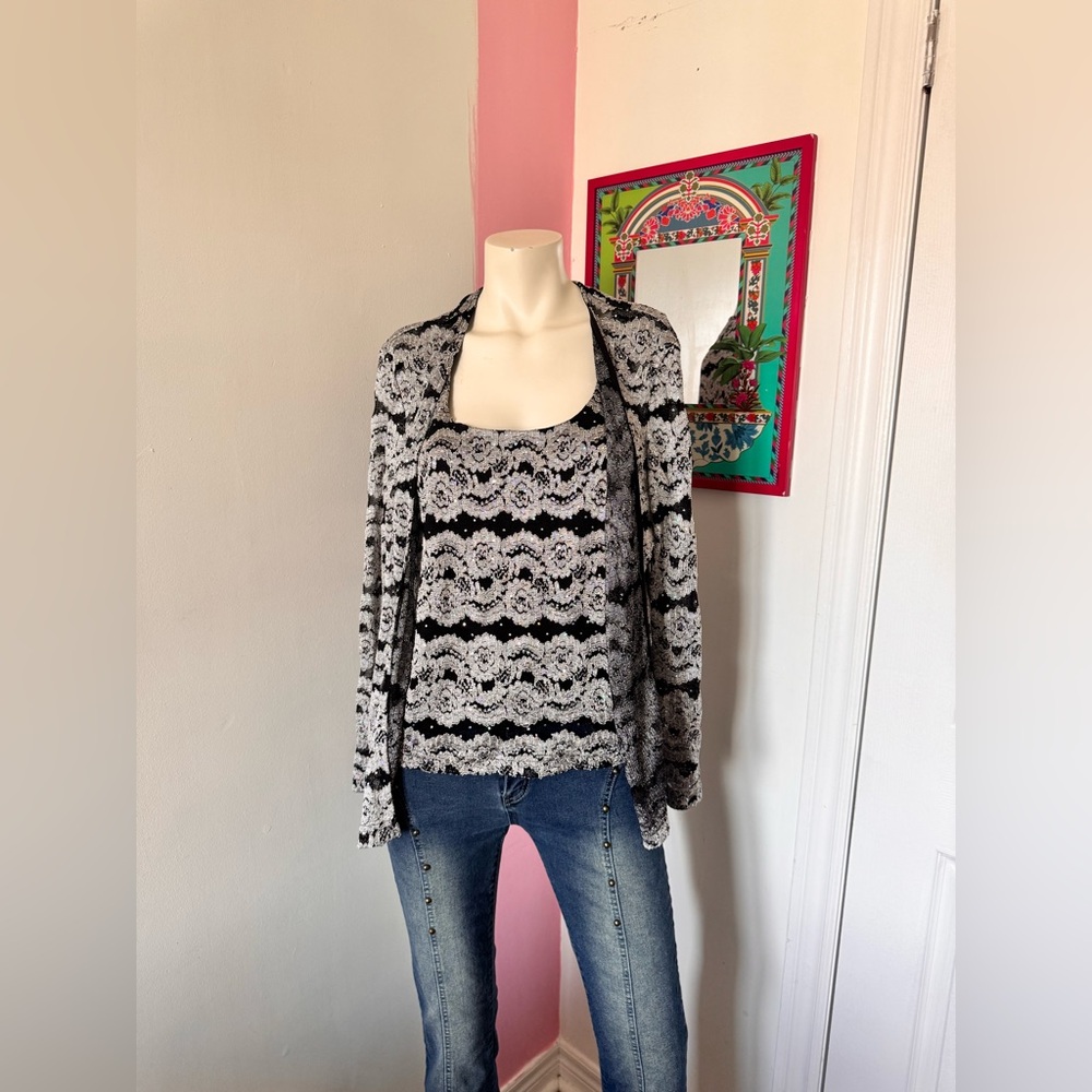 Black and Gray Patterned Cardigan and Top Set